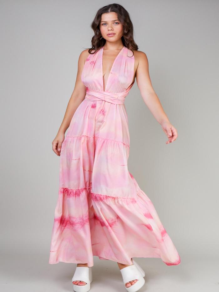 Halter Cutout Front Frill Hem Tie Dye Print Dress