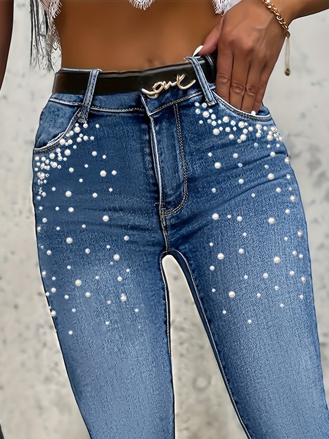 Trendy Pearl Embellished High Waisted Slim Fit Jeans - Fashionable Street Style, Light Blue, Artificial Pearl Craftsmanship, Comfortable Casual Pants for Women