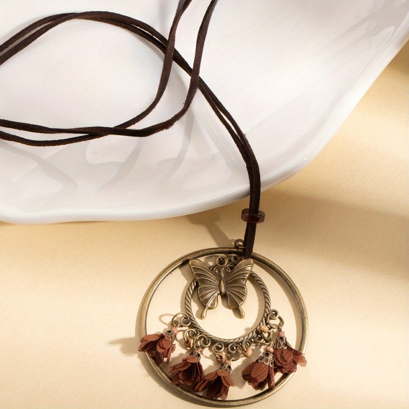 2pcs Ancient Style Woven Tassel Ring Pendant Necklace Bohemian Retro Ethnic Style Sweater Chain Women