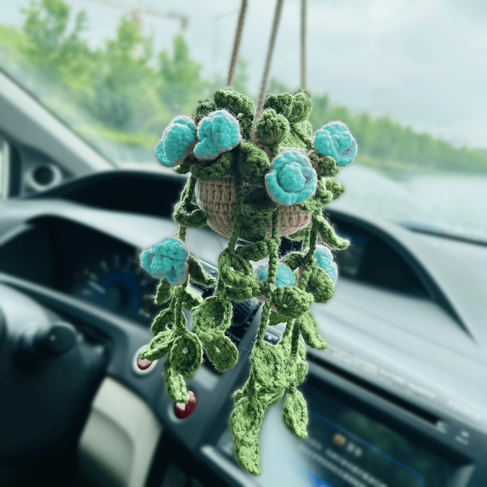 Charming Handmade Crochet Plant Car Mirror Charm - Rearview Accessory for Vehicle Decor