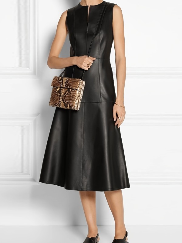 Elegant Women'S Faux Leather Sleeveless Dress, Crew Neck, Solid Color, Fit and Flare, Polyurethane 100%, for Spring\u002FSummer