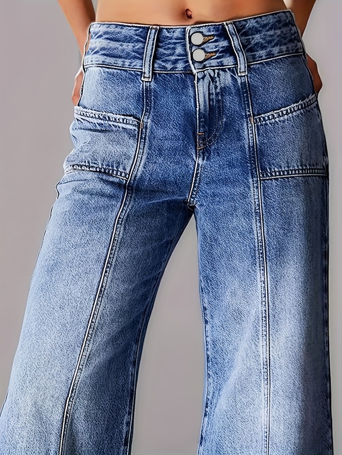 Elegant Mid-Rise Wide-Leg Jeans with Double Button Detail - Stretch Denim, Machine Washable - Perfect for All Seasons, Seam Details