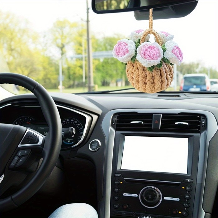 Charming Hand-Woven Floral Car Mirror Charm - Fabric Rearview Mirror Accessory for Women