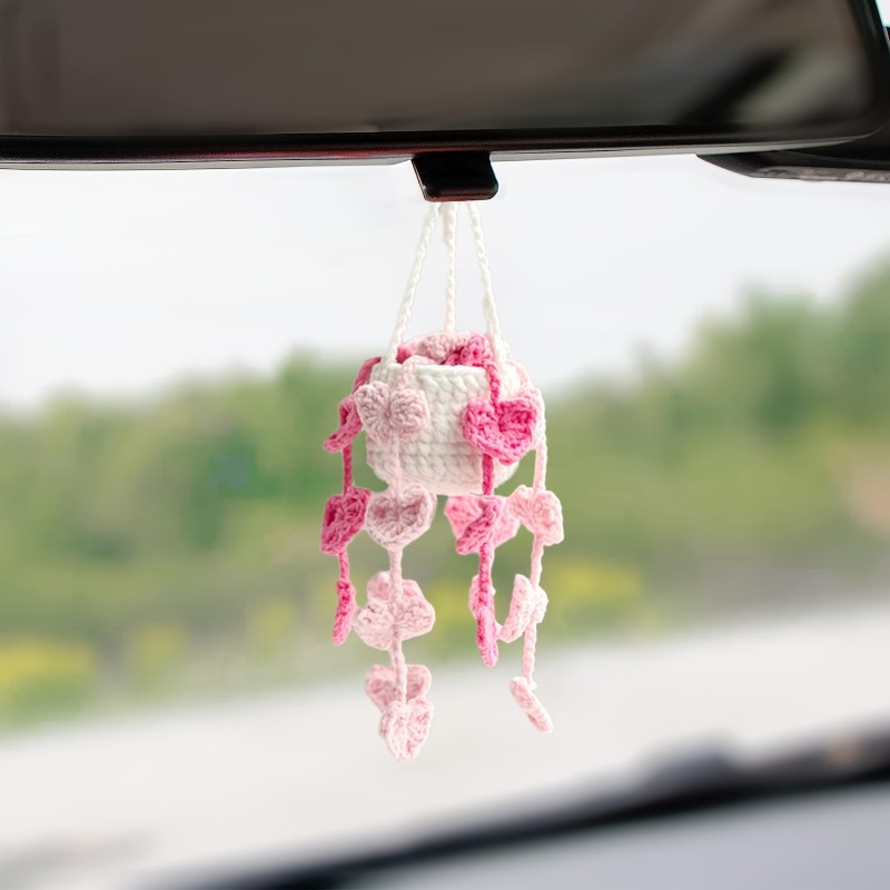 Charming Handmade Crochet Plant Car Mirror Charm - Rearview Accessory for Vehicle Decor