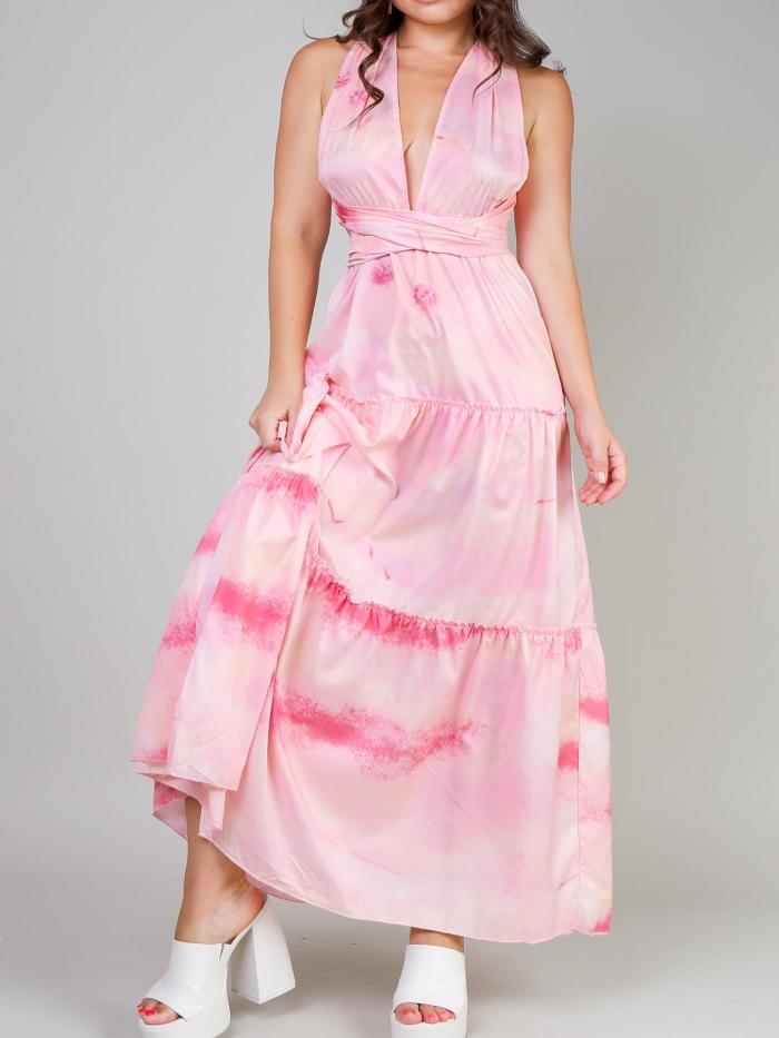 Halter Cutout Front Frill Hem Tie Dye Print Dress