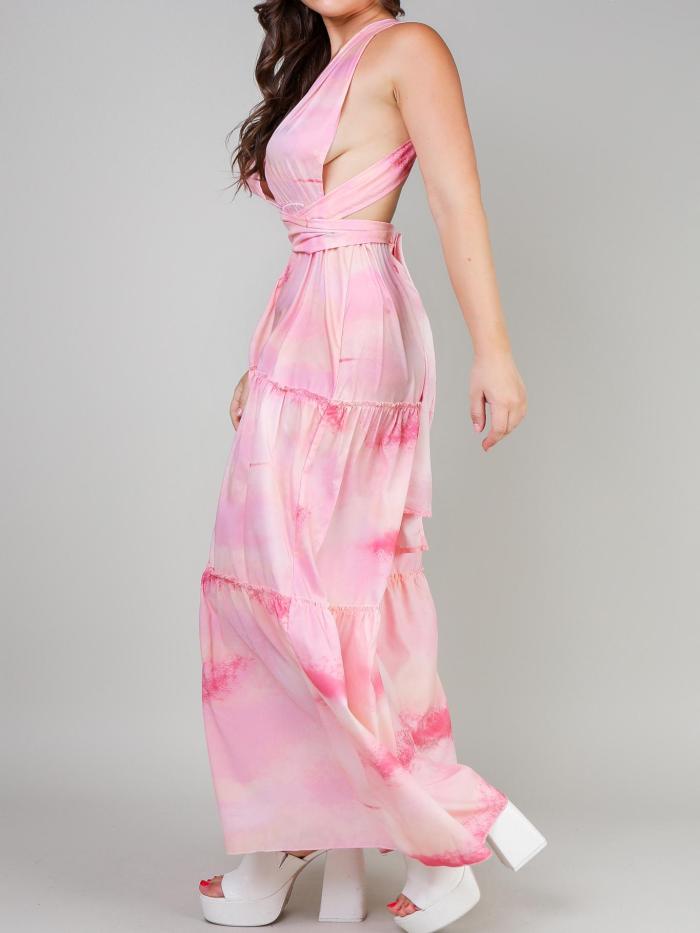 Halter Cutout Front Frill Hem Tie Dye Print Dress