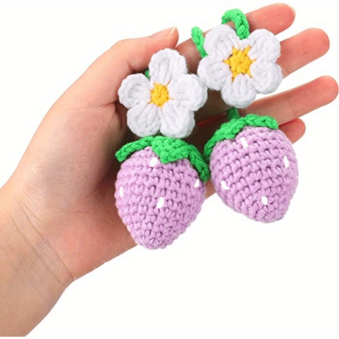 Cute Strawberry Crochet Car Mirror Hanging Accessories Decor Car Rearview Charms Decorations, Handmade Knitted Rear View Mirror Pendant Ornament