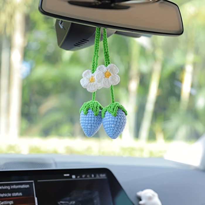 Cute Strawberry Crochet Car Mirror Hanging Accessories Decor Car Rearview Charms Decorations, Handmade Knitted Rear View Mirror Pendant Ornament