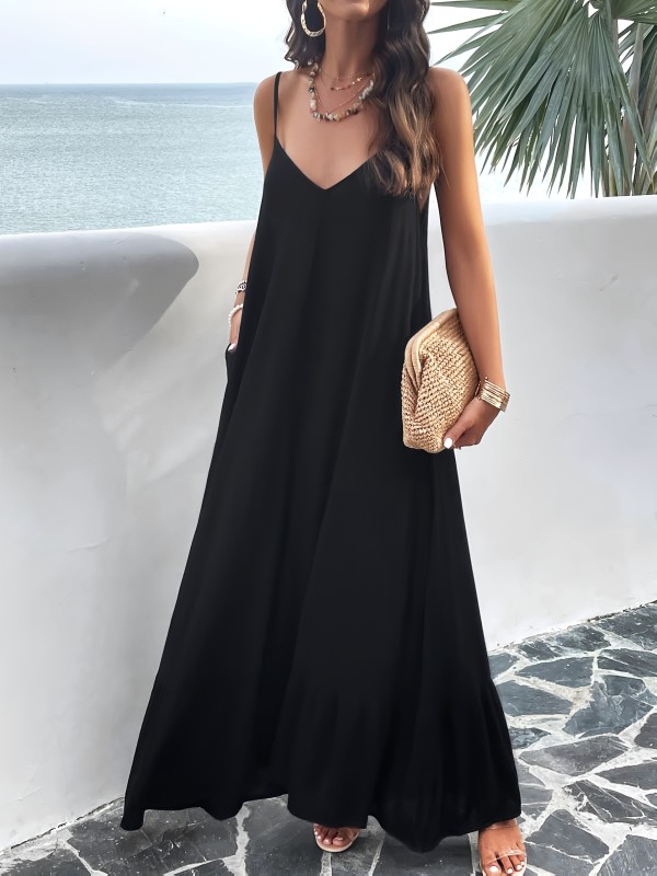 Elegant Viscose Maxi Dress for Women, 100% Viscose Solid Color Sleeveless Tunic, with Pockets, for Spring\u002FSummer\u002FFall