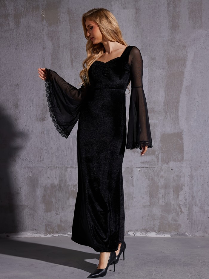 Elegant Gothic Velvet Mermaid Hem Dress with Contrast Mesh Flounce Sleeves, Low Neckline - Machine Washable