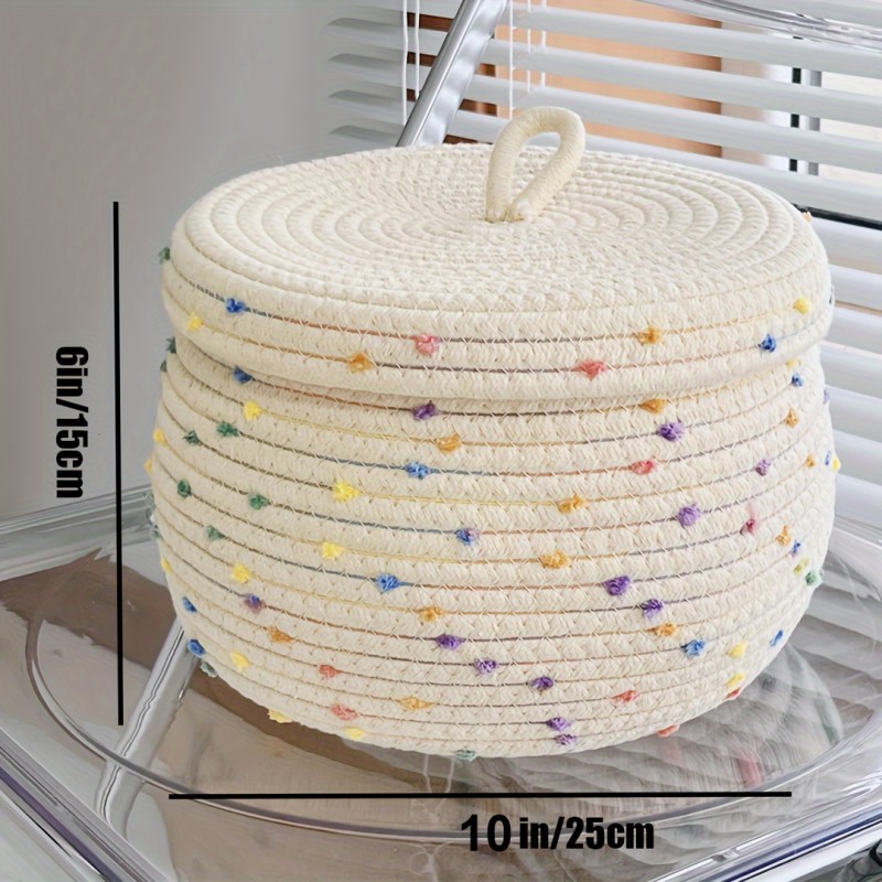 Colorful Polka Dot Woven Storage Basket with Lid, 10x6\