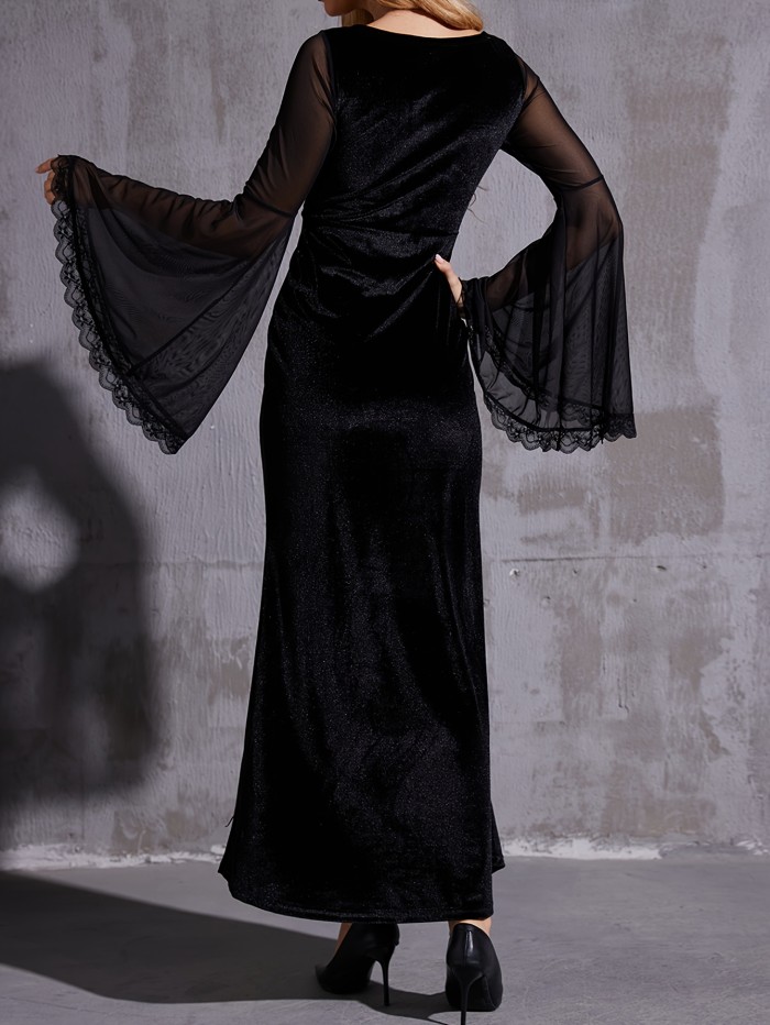Elegant Gothic Velvet Mermaid Hem Dress with Contrast Mesh Flounce Sleeves, Low Neckline - Machine Washable