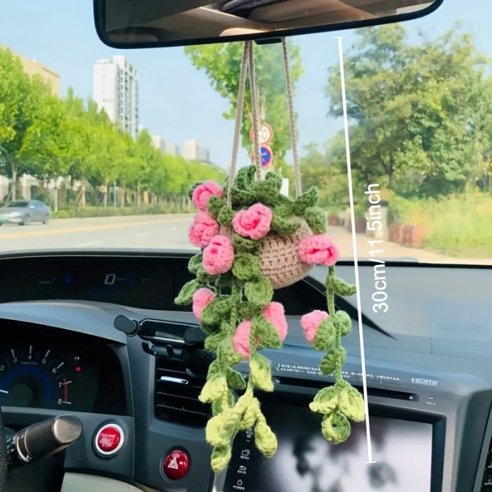 Charming Handmade Crochet Plant Car Mirror Charm - Rearview Accessory for Vehicle Decor
