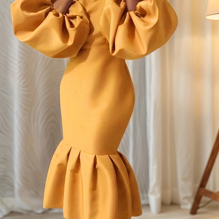 Long Sleeve Women's Fashion Solid Color V-neck Fishtail Bubble Dress
