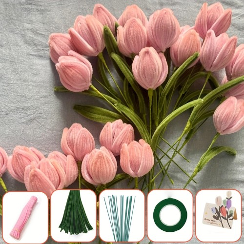 172pcs Tulip Craft Kit with DIY Bouquet Tools - Includes Light Pink & Army Green Pipe Cleaners, Dark Green Tape, and Greeting Card - Perfect for Beginners, Ideal Gift for Holidays