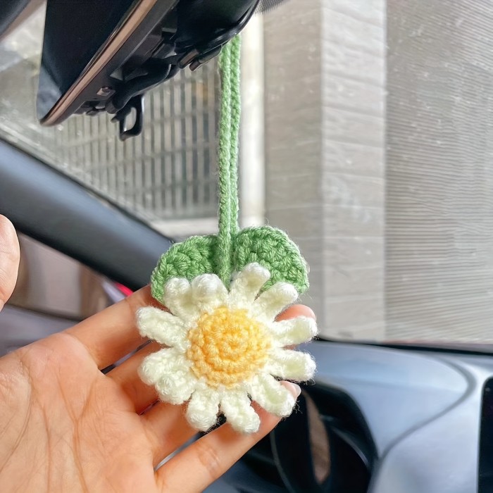 Pure Hand-knitted Knitted Sunflower, Lemon, Mushroom, Small Daisy, Tulip, Rose Flowers Car Pendant Rearview Mirror Car Decoration