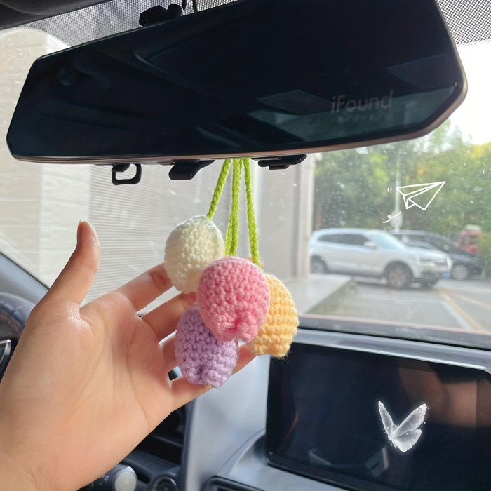 Pure Hand-knitted Knitted Sunflower, Lemon, Mushroom, Small Daisy, Tulip, Rose Flowers Car Pendant Rearview Mirror Car Decoration