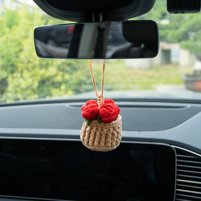 Charming Hand-Woven Floral Car Mirror Charm - Fabric Rearview Mirror Accessory for Women