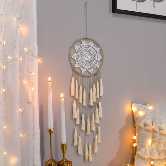 1pc Bohemian Hand-woven Cotton Rope Tassel Dream Catcher, Hanging Decoration, Home Bedroom Living Room Wall Decoration Pendant