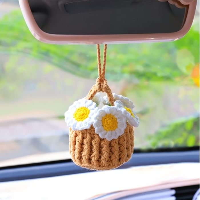 Charming Hand-Woven Floral Car Mirror Charm - Fabric Rearview Mirror Accessory for Women