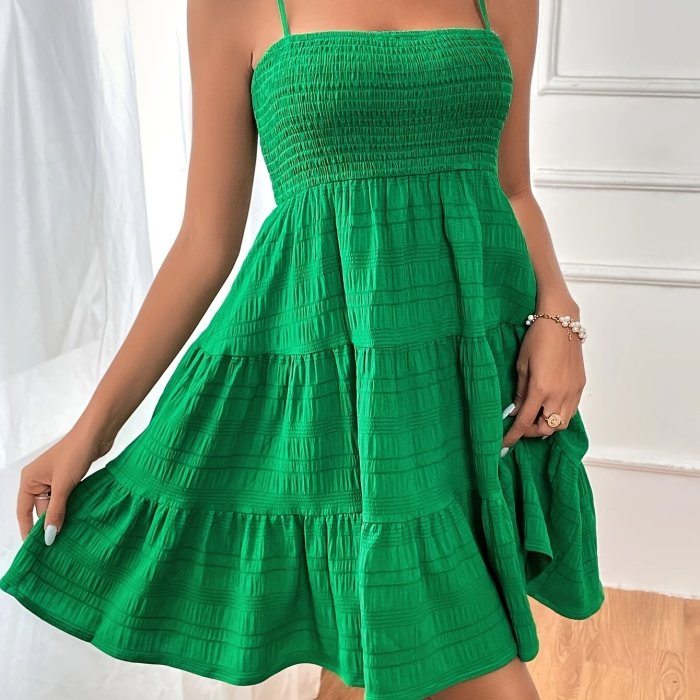 One-Word Collar Thin Strap Solid Color Versatile Textured Women's A-Line Vacation Dress, Women's Skirt