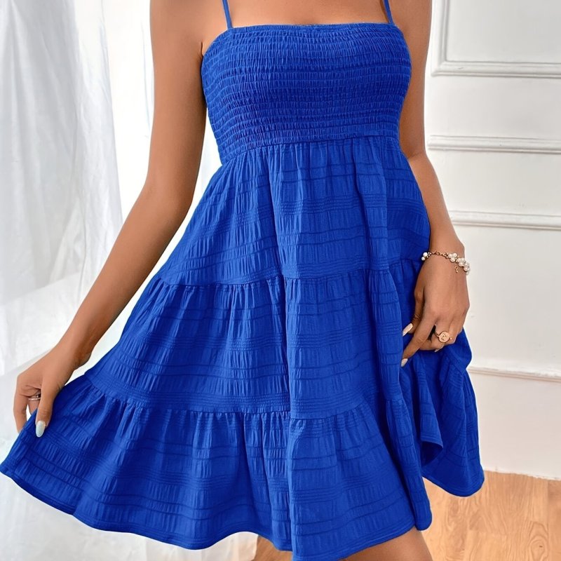 One-Word Collar Thin Strap Solid Color Versatile Textured Women's A-Line Vacation Dress, Women's Skirt