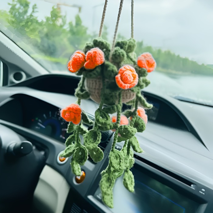 Charming Handmade Crochet Plant Car Mirror Charm - Rearview Accessory for Vehicle Decor