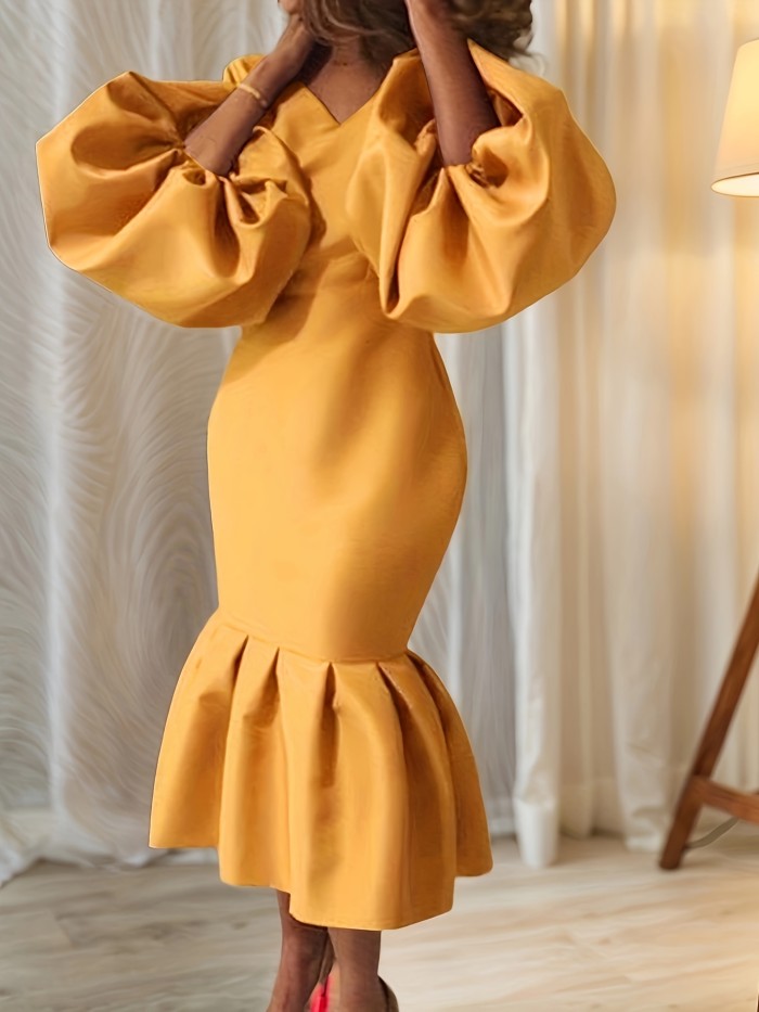 Long Sleeve Women's Fashion Solid Color V-neck Fishtail Bubble Dress