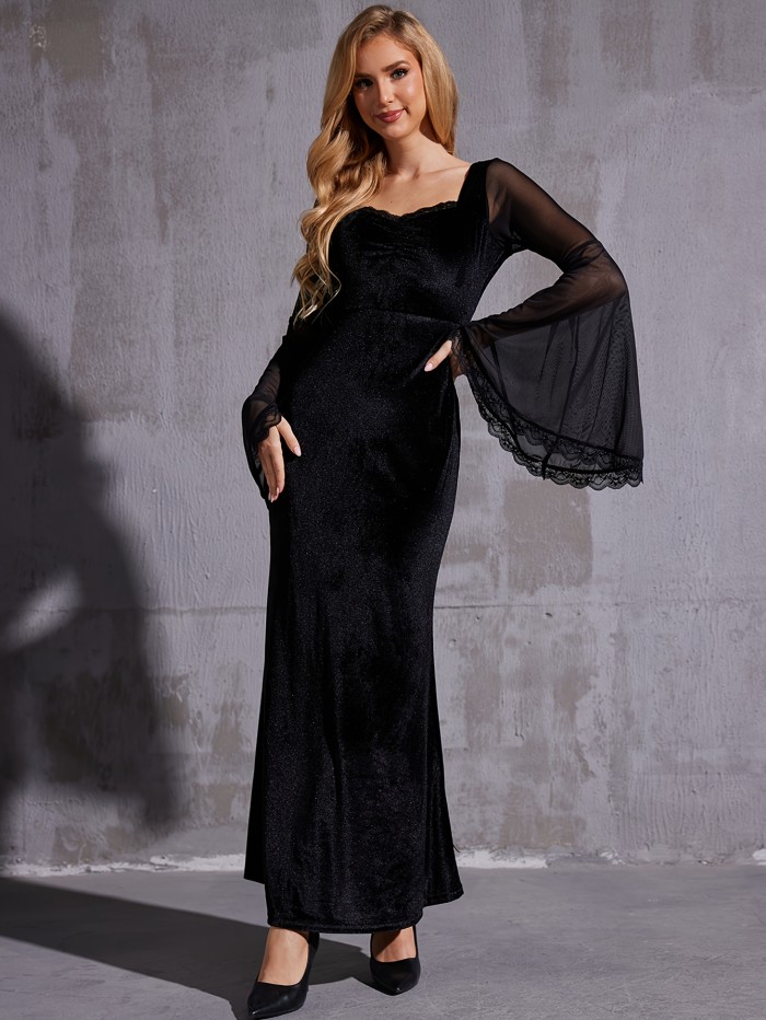 Elegant Gothic Velvet Mermaid Hem Dress with Contrast Mesh Flounce Sleeves, Low Neckline - Machine Washable