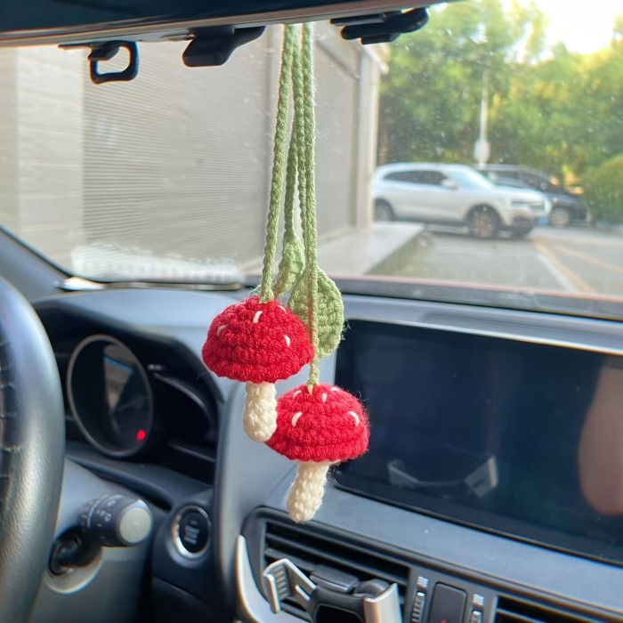 Pure Hand-knitted Knitted Sunflower, Lemon, Mushroom, Small Daisy, Tulip, Rose Flowers Car Pendant Rearview Mirror Car Decoration