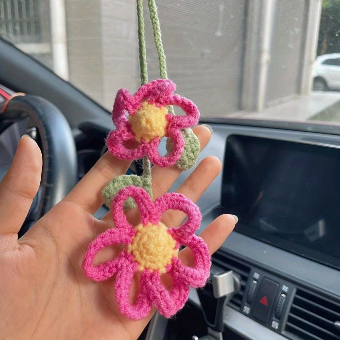 Pure Hand-knitted Knitted Sunflower, Lemon, Mushroom, Small Daisy, Tulip, Rose Flowers Car Pendant Rearview Mirror Car Decoration