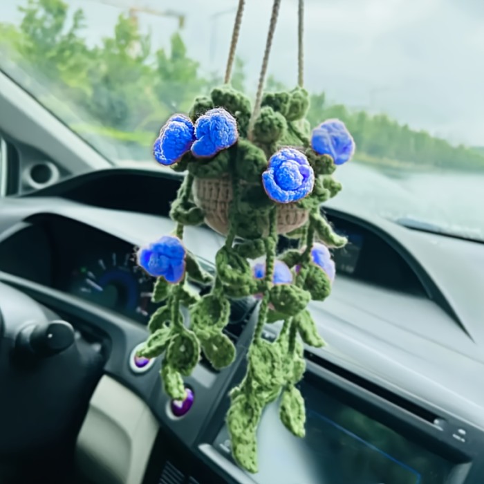 Charming Handmade Crochet Plant Car Mirror Charm - Rearview Accessory for Vehicle Decor