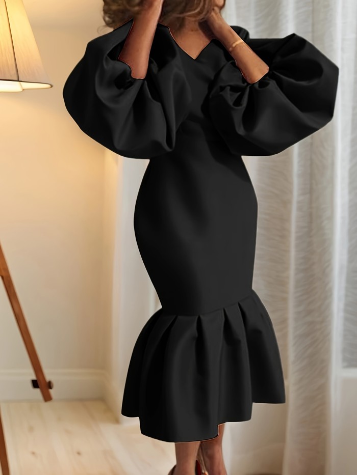 Long Sleeve Women's Fashion Solid Color V-neck Fishtail Bubble Dress