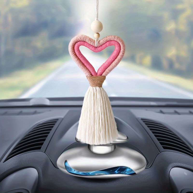 Hand-woven Tassel Pendant, Pink Heart Love Heart Car Hanging Ornament, Women's Bag Room Aesthetic Accessory with Rearview Mirror Pendant