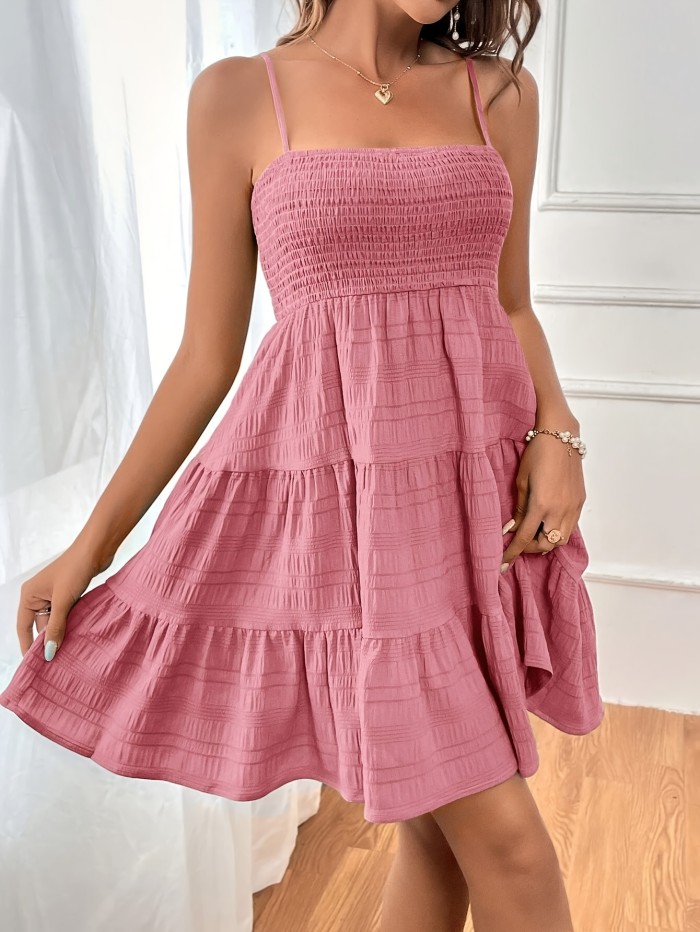 One-Word Collar Thin Strap Solid Color Versatile Textured Women's A-Line Vacation Dress, Women's Skirt