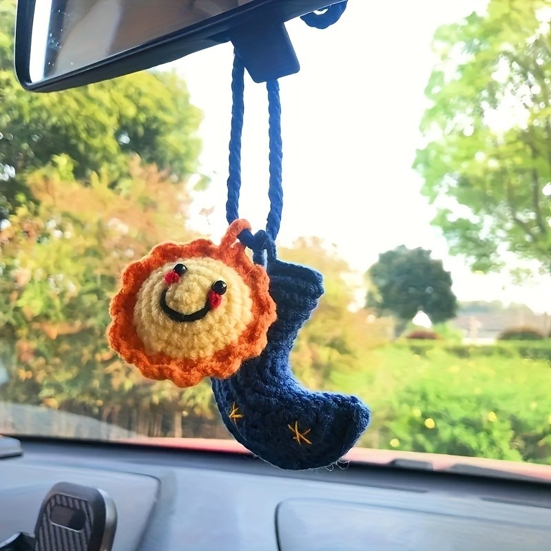 Handmade Crochet Sun and Moon Star Car Hanging Ornament, Fabric Amigurumi Auto Interior Decoration, with Happy Face Design for Women'S Car Accessory Gift