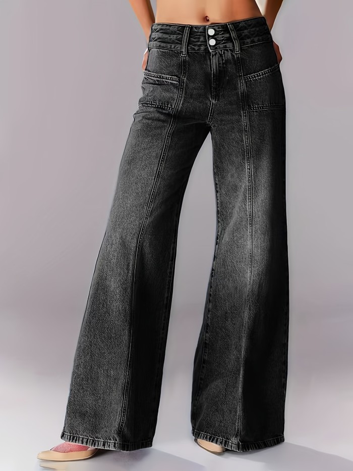Elegant Mid-Rise Wide-Leg Jeans with Double Button Detail - Stretch Denim, Machine Washable - Perfect for All Seasons, Seam Details