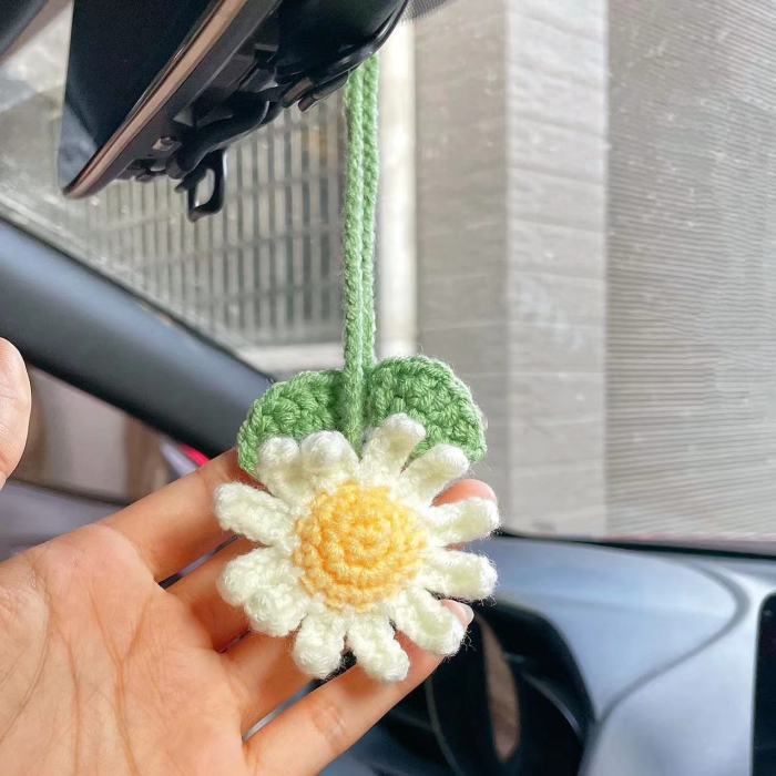 Pure Hand-knitted Knitted Sunflower, Lemon, Mushroom, Small Daisy, Tulip, Rose Flowers Car Pendant Rearview Mirror Car Decoration