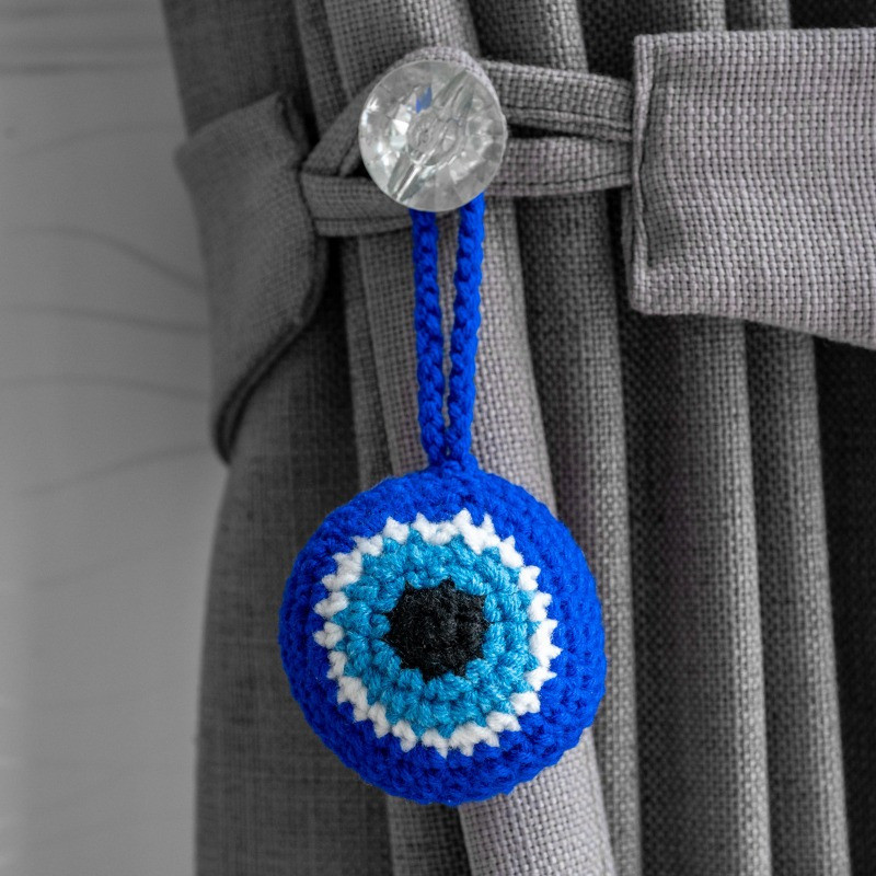 1pc Modern Handmade Crochet Blue Evil Eye Hanging Ornament, Turkish Inspired Fabric Car Decor Accessory, No Feather, Non-Electric Home Decor