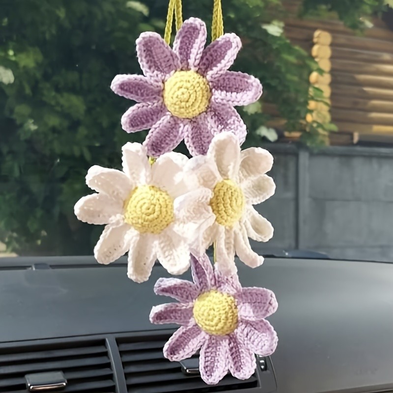 Handcrafted Crochet Daisy Car Charm - Cute Knitted Flower Rearview Mirror Accessory, Perfect Gift for Women & Girls, Curtain Tie, Bag Decoration