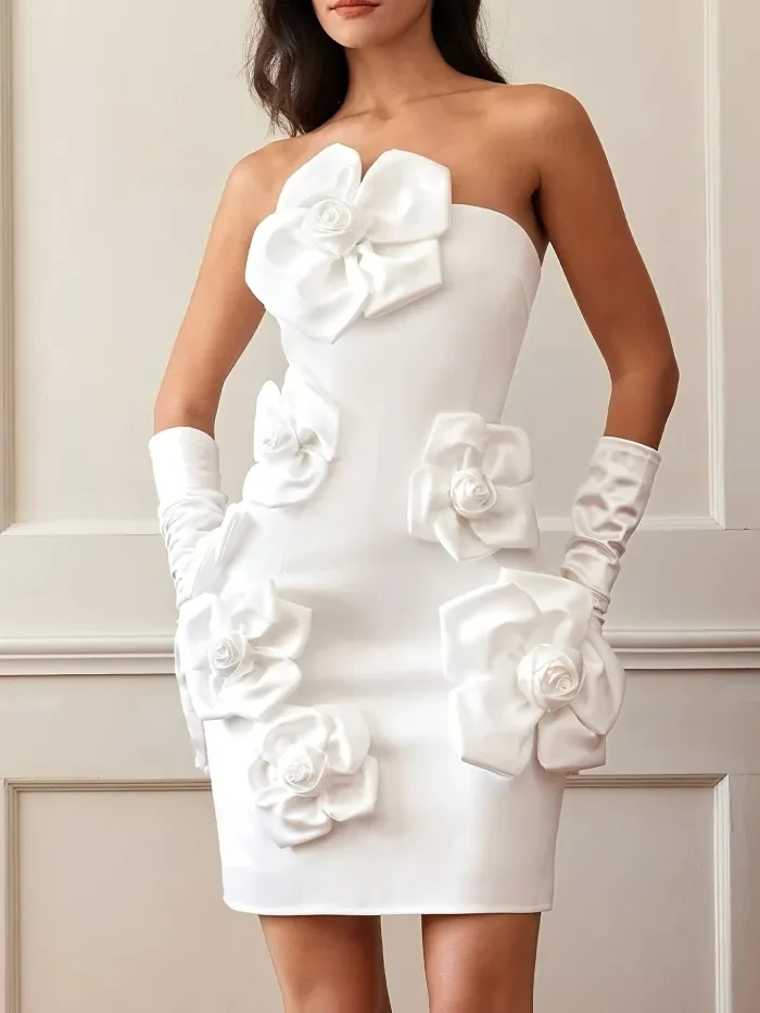 1pc Elegant French-Inspired Floral Off-Shoulder Dress for Women, Polyester and Spandex Knit Fabric, Solid Color Fitted Gown with Decorative Flowers, Perfect for Spring\u002FSummer\u002FFall - Adult, Romantic, Blouse