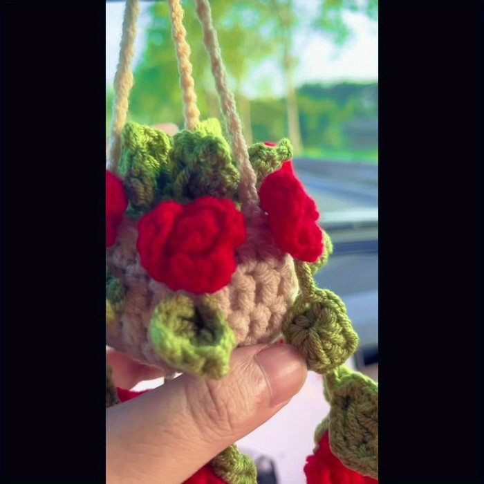Charming Handmade Crochet Plant Car Mirror Charm - Rearview Accessory for Vehicle Decor