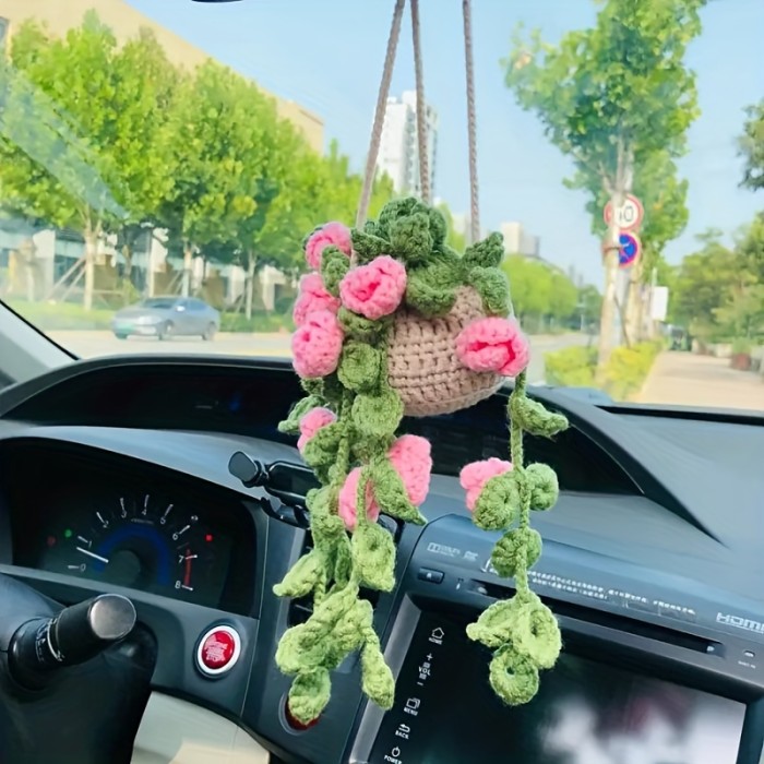 Charming Handmade Crochet Plant Car Mirror Charm - Rearview Accessory for Vehicle Decor