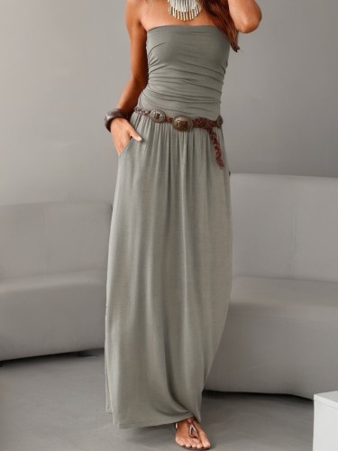 Chic Spring & Summer Strapless Tube Dress - Slim Fit with Convenient Pockets & Flirty Ruffle Hem, Ideal for Versatile Women's Fashion Ensembles