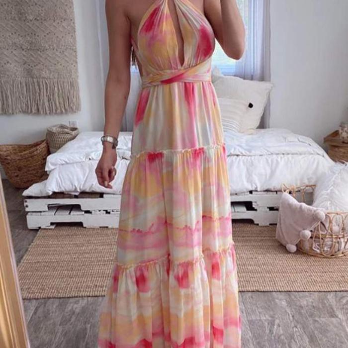Halter Cutout Front Frill Hem Tie Dye Print Dress