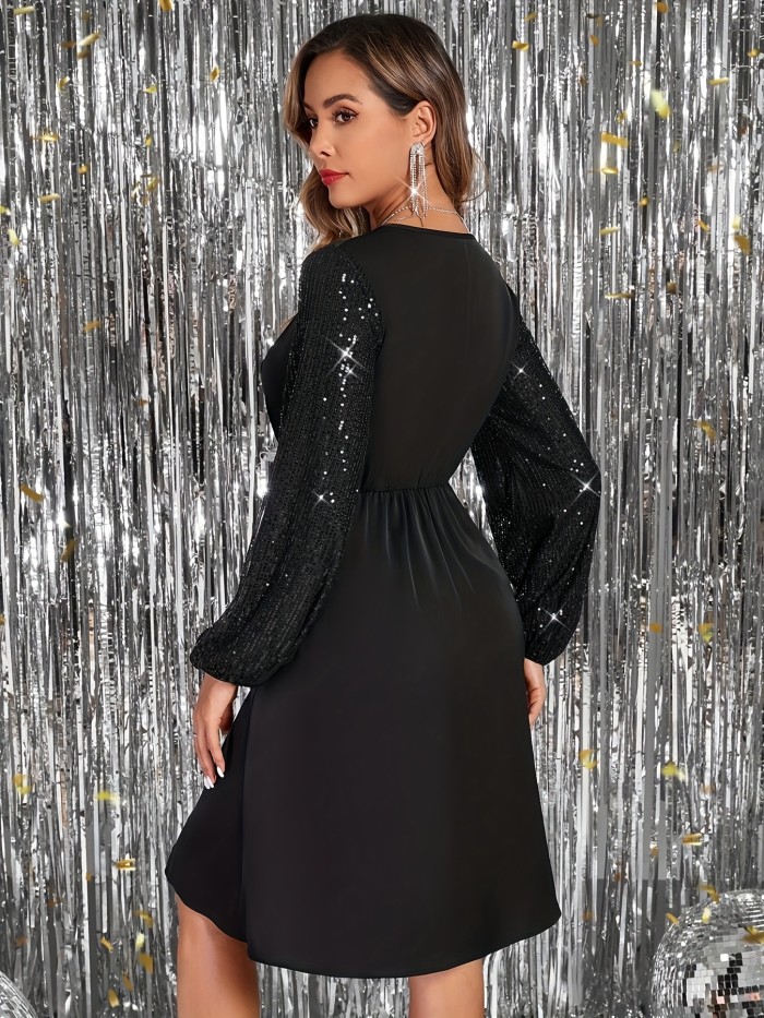 Elegant V-Neck Sequin Bodycon Dress for Women, Long Sleeve Midi Cocktail Party Dress, 100% Polyester, Flared Hem, Solid Color, All Seasons, Regular Fit, No Padding - Black