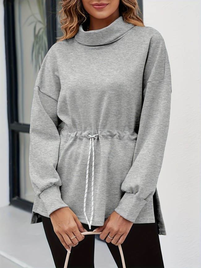 Women's Turtleneck Sweatshirts Long Sleeve Pullover Tops Side Slit Tunic Shirts With Drawstring Waist