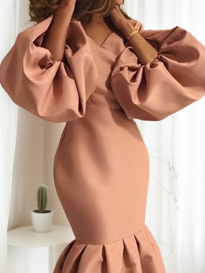Long Sleeve Women's Fashion Solid Color V-neck Fishtail Bubble Dress