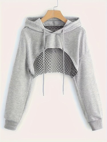 MESH Solid Color Cropped Hooded Sweatshirt, Fashion Sports Casual Jacket for Women