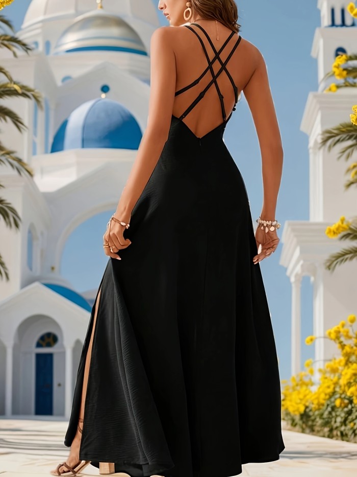 Elegant Solid Color High-Slit Maxi Dress for Women, V-Neck, Polyester, Machine Washable - Perfect for Spring\u002FSummer\u002FFall